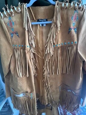 Patricia Wolf hand painted signed leather fringe jacket Indian ponies turquoise
